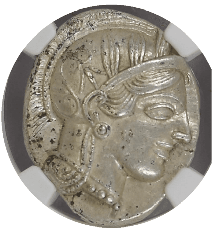 【Ch AU 5/5 3/5】紀元前440年?404年 古代ギリシャ アッティカ 女神アテナ テトラドラクマ フクロウ銀貨(表)