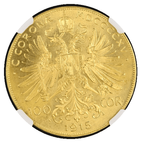 【MS67】1915年 オーストリア フランツ・ヨーゼフ1世 リストライク 100コロナ金貨(裏)