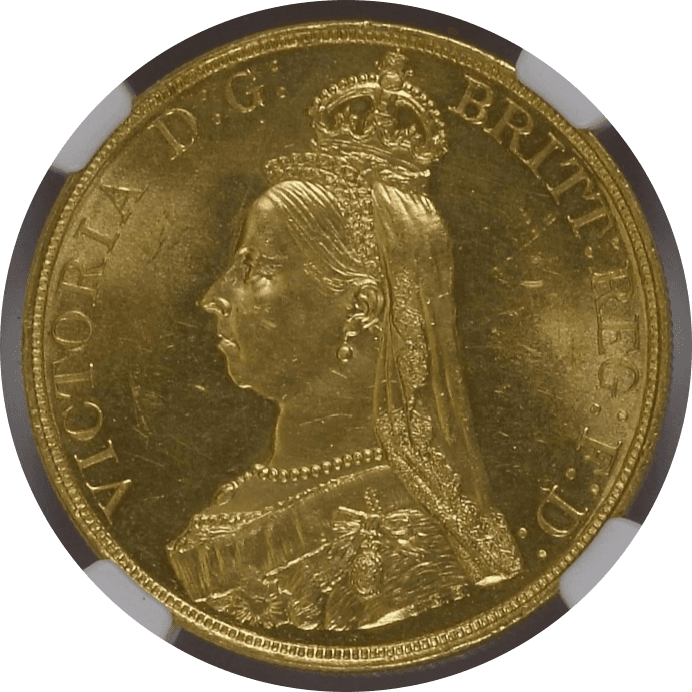 【MS64】1887年 イギリス ヴィクトリア女王 ジュビリーヘッド 5ポンド金貨(表)