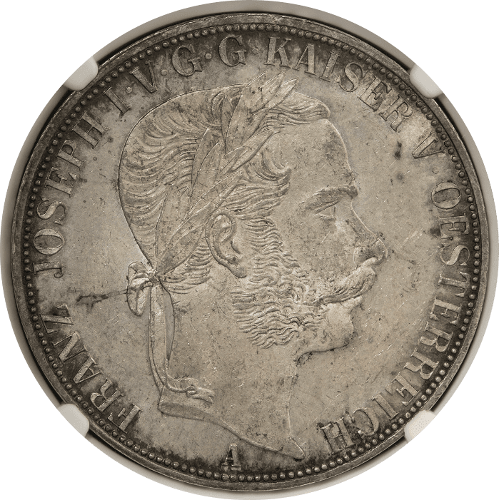 【MS63】1867年 オーストリア フランツ・ヨーゼフ1世 2ターラー銀貨(表)