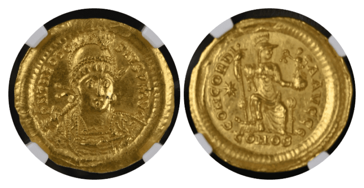 【MS★ 5/5 4/5】402年〜450年 ビザンツ帝国（東ローマ帝国）テオドシウス2世 ソリダス金貨