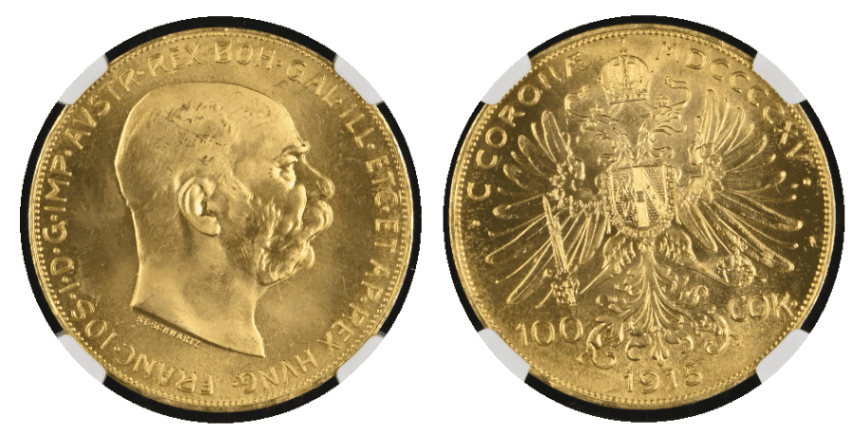 【MS67】1915年 オーストリア フランツ・ヨーゼフ1世 リストライク 100コロナ金貨