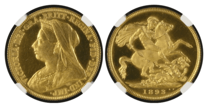 【 PF65 CAMEO】1893年 イギリス ヴィクトリア女王 オールドヘッド 1ソブリン金貨(表)