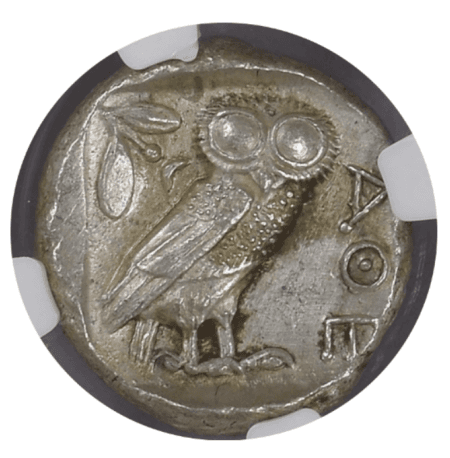 【MS 4/5 4/5】紀元前440年?404年 古代ギリシャ アッティカ 女神アテナ テトラドラクマ フクロウ銀貨(裏)