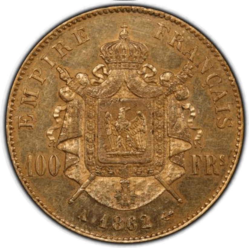 【AU Details】1862年 フランス第2帝政 ナポレオン3世 有冠 100フラン金貨(裏)