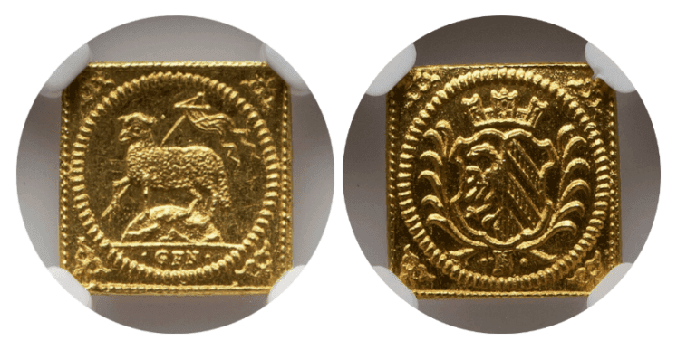【MS65】1700年 神聖ローマ帝国 ドイツ ニュルンベルク 角ラムダカット（Klippe） 1/4ダカット金貨