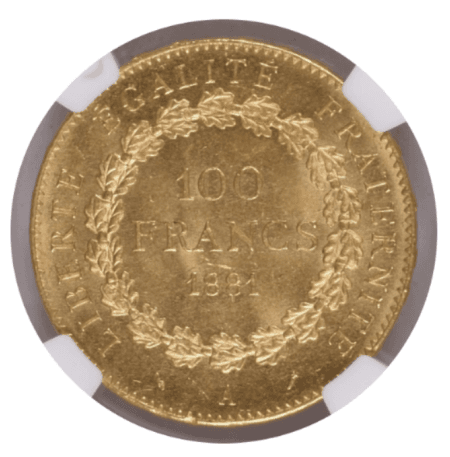 【MS65+】1881年A フランス エンジェル 100フラン金貨(裏)