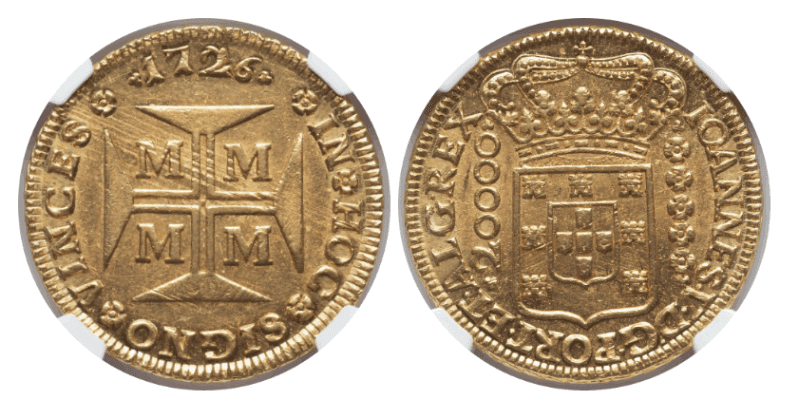 【MS62】1726年 ポルトガル領ブラジル ジョアン5世  20000レイス金貨