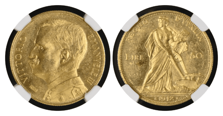 【MS62】1912年 イタリア ヴィットリオ・エマニュエーレ3世 豊穣の女神  50リレ金貨