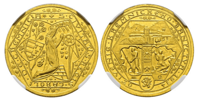 【MS64 PL】1934年 チェコスロバキア クレムニツァ鉱山再開記念  2ダカット金貨