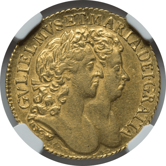 【AU58】1689年 イギリス ウィリアム&メアリー 1ギニー金貨(表)