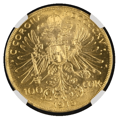 【MS67】1915年 オーストリア フランツ・ヨーゼフ1世 リストライク 100コロナ金貨(裏)