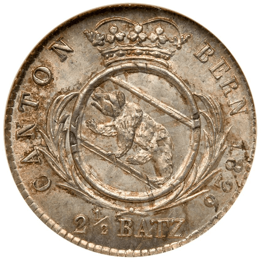 【MS65】1826年 スイス ベルン 2･1/2バッツェン銀貨(表)