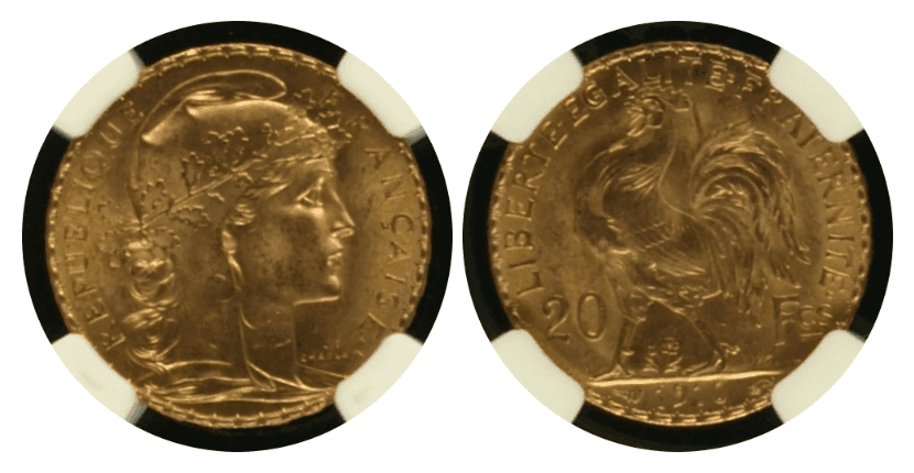 【MS65】1910年 フランス第三共和国 マリアンヌ  ルースター 20フラン 金貨