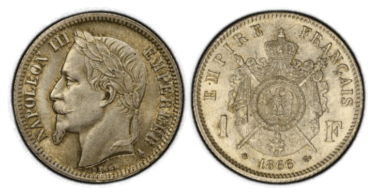 【MS64】1866年A フランス 第二帝政 ナポレオン3世 有冠 1フラン銀貨