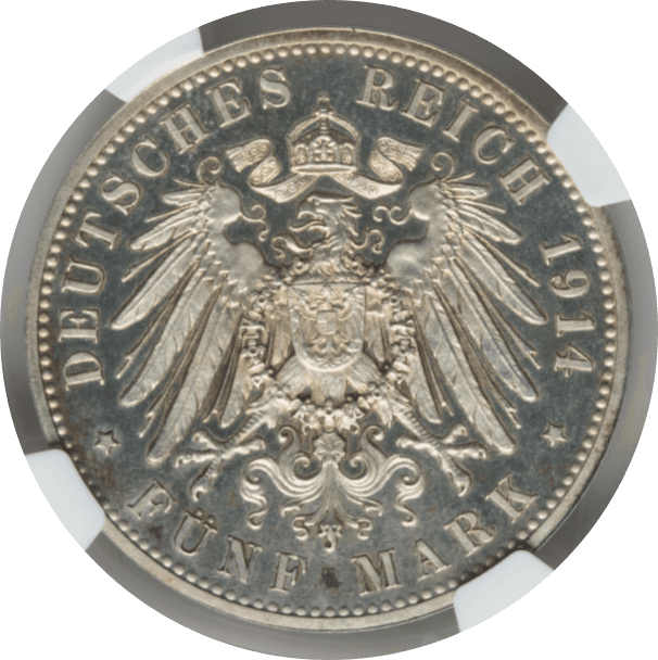 【PF64 CAMEO】1914年 ドイツ バイエルン王国 ルートヴィヒ 3 世 試鋳貨 5マーク銀貨(裏)