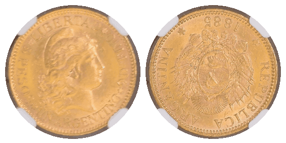【MS63】1888年 アルゼンチン ５ペソ金貨