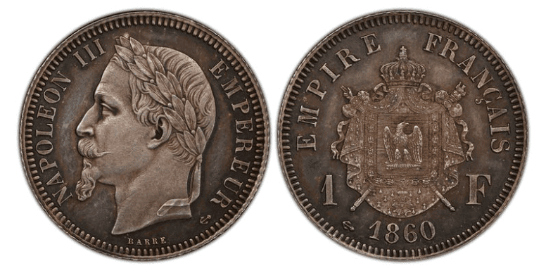 【SP63】1860年 フランス ナポレオン3世 試鋳貨 1フラン銀貨