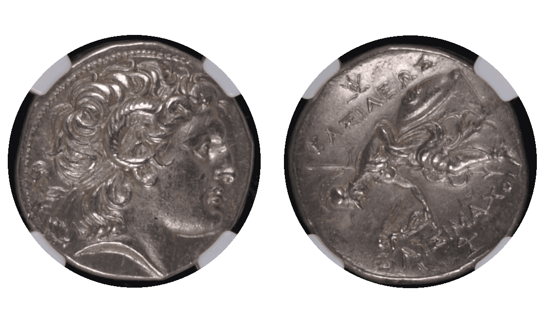 【MS 5/5 4/5 Fine Style】紀元前305年〜281年 古代トラキア王国 リュシマコス アレクサンドロス3世 テトラドラクマ銀貨