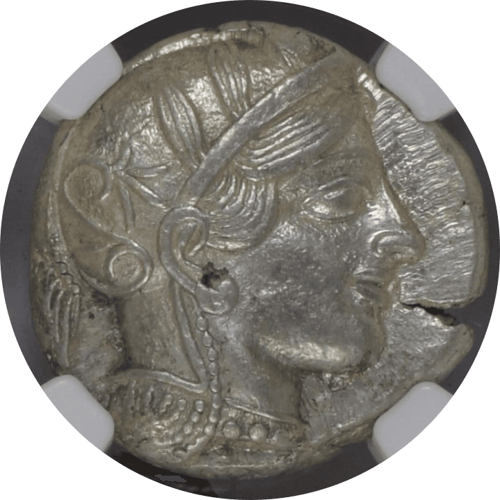 【Ch AU 5/5 4/5】紀元前440年〜404年 古代ギリシャ アッティカ 女神アテナ テトラドラクマ フクロウ銀貨(表)