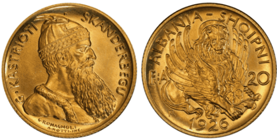 【MS66】1926年-R アルバニア 20フランガ・アリ金貨