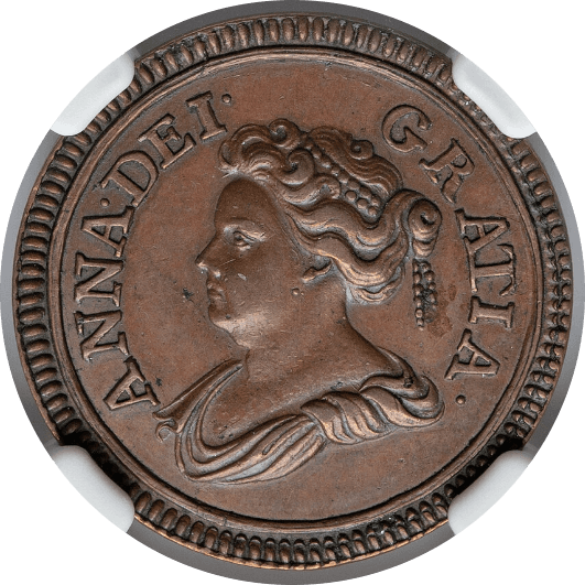 【AU58 BN】1714年 イギリス アン女王 試鋳貨 ファージング(1/4ペニー)銅貨(表)