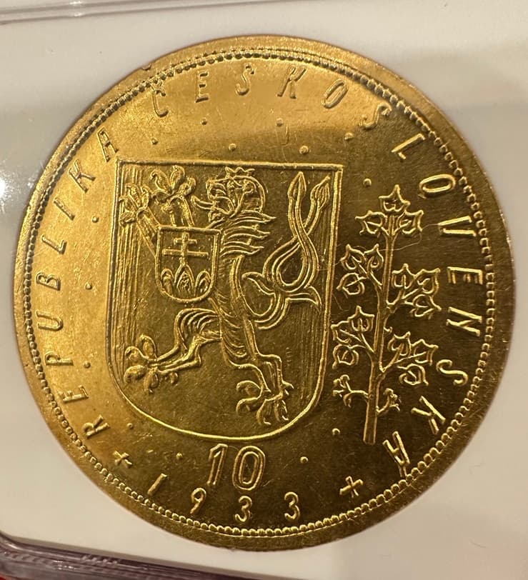 【MS64】1933年 チェコスロバキア 10ダカット金貨(裏)