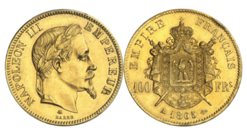 【MS61】1865年A フランス 第二帝政 ナポレオン3世 有冠 100フラン金貨