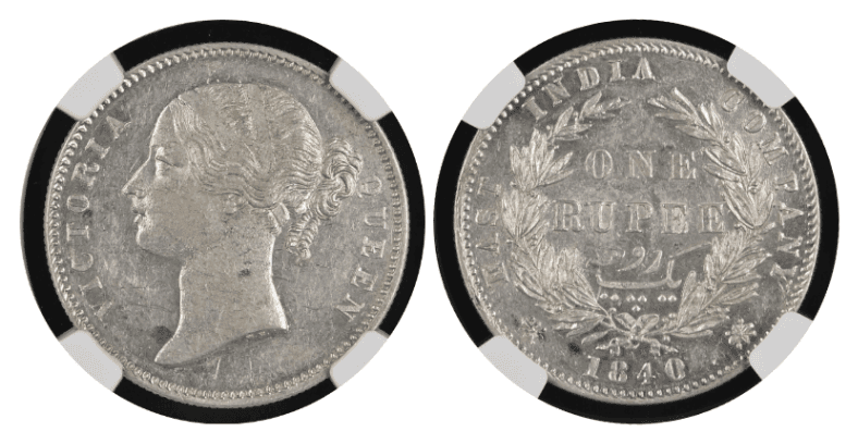 【AU58】1840年 英領インド 東インド会社 ヴィクトリア女王 1ルピー銀貨 5枚セット
