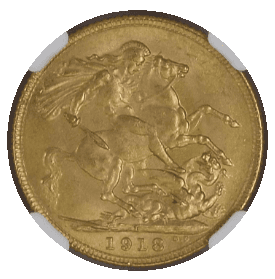 【MS64】1918年 英領インド ジョージ5世 1ポンド ソブリン金貨(裏)