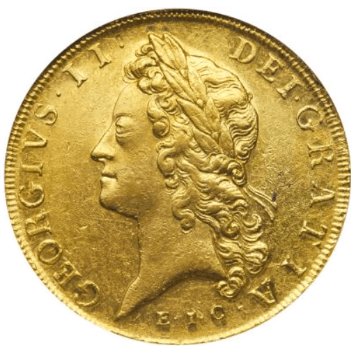 【AU55】1729年 イギリス ジョージ2世 E.I.C. 5ギニー金貨(表)