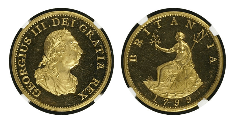 【PR63 ULTRA CAMEO】1799年 イギリス ジョージ3世 ハーフペニー金メッキ銅貨