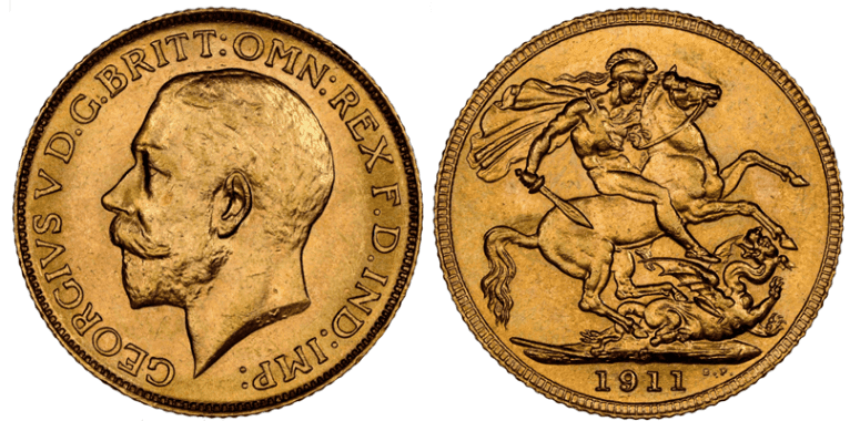 【MS64】1911年 英領カナダ ジョージ5世 セントジョージ 1ソブリン金貨