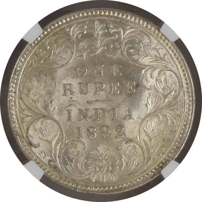 【MS62】1892年 英領インド ヴィクトリア女王 1ルピー銀貨(裏)