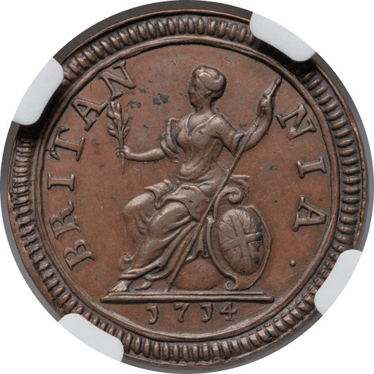 【AU58 BN】1714年 イギリス アン女王 試鋳貨 ファージング(1/4ペニー)銅貨(裏)