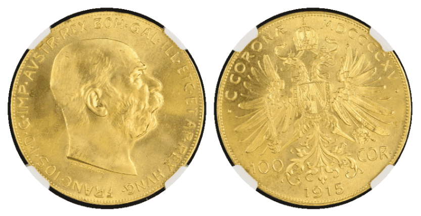 【MS67】1915年 オーストリア フランツ・ヨーゼフ1世 リストライク 100コロナ金貨