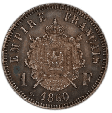 【SP63】1860年 フランス ナポレオン3世 試鋳貨 1フラン銀貨(裏)