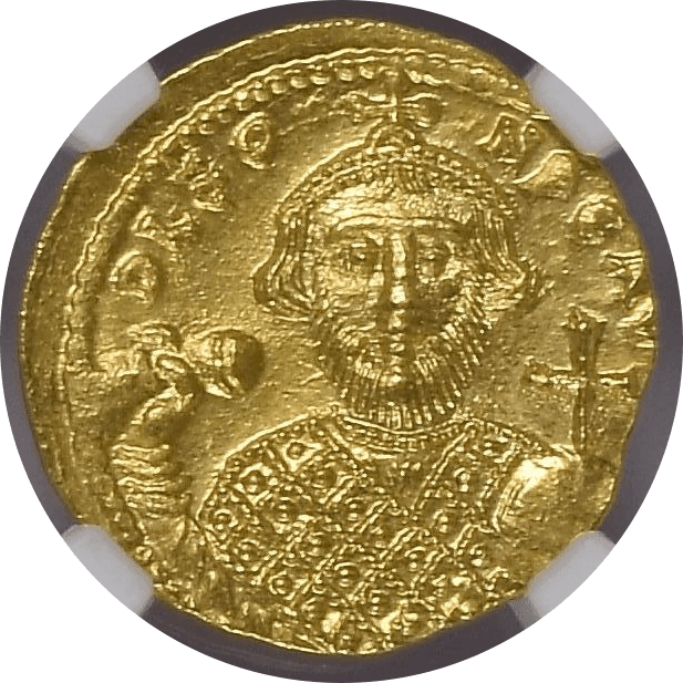 【Ch MS 4/5 5/5】695年〜698年 ビザンツ帝国(東ローマ帝国)レオンティオス帝 ソリダス金貨(表)