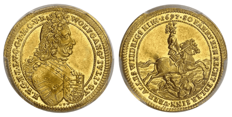 【MS61】1697年 神聖ローマ帝国 ドイツ ホーエンローエ=ノイエンシュタイン ヴォルフガング・ユリウス 1ダカット金貨