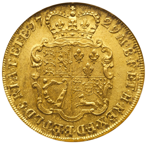 【AU55】1729年 イギリス ジョージ2世 E.I.C. 5ギニー金貨(裏)