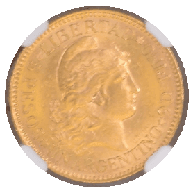 【MS63】1888年 アルゼンチン 5ペソ金貨(表)