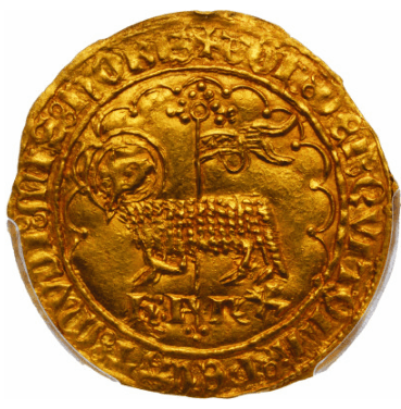 【MS62】1380年〜1422年 フランス サン=プルサン シャルル6世 金の羊 アニェル・ドール(ムートンドール)金貨(表)