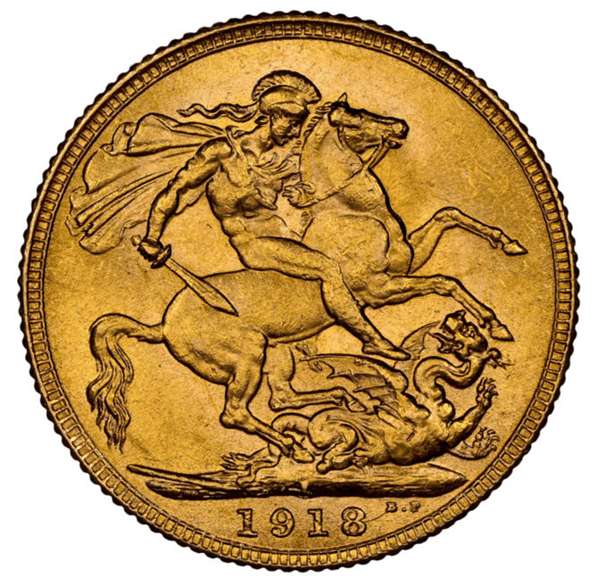 【MS64+】1918年 英領インド ジョージ5世 ソブリン金貨(裏)