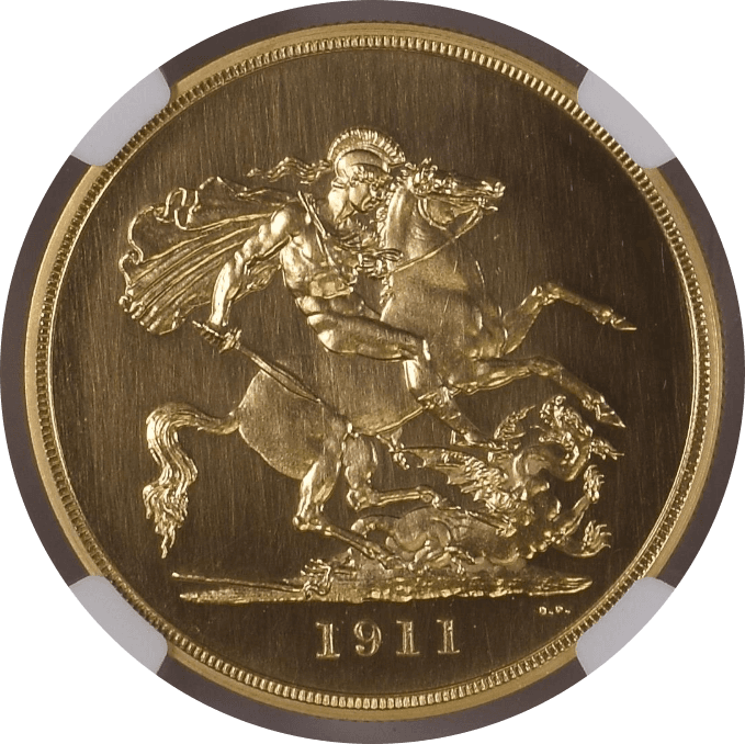 【PF64+ CAMEO】1911年 イギリス ジョージ5世 5ソブリン金貨(裏)