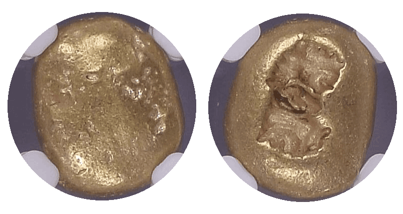 【Ch XF 4/5 4/5】紀元前650年?600年 古代ギリシア イオニア 1/3 スターテル 琥珀金(エレクトラム)貨