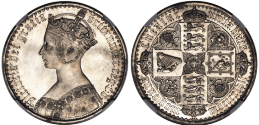 【PF63】1847年 イギリス ヴィクトリア女王 ゴチッククラウン銀貨 アンデシモエッヂ