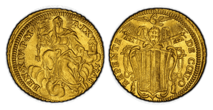 【MS61】1748年 イタリア 教皇領 ローマ教皇 ベネディクト14世 ゼッキーノ金貨