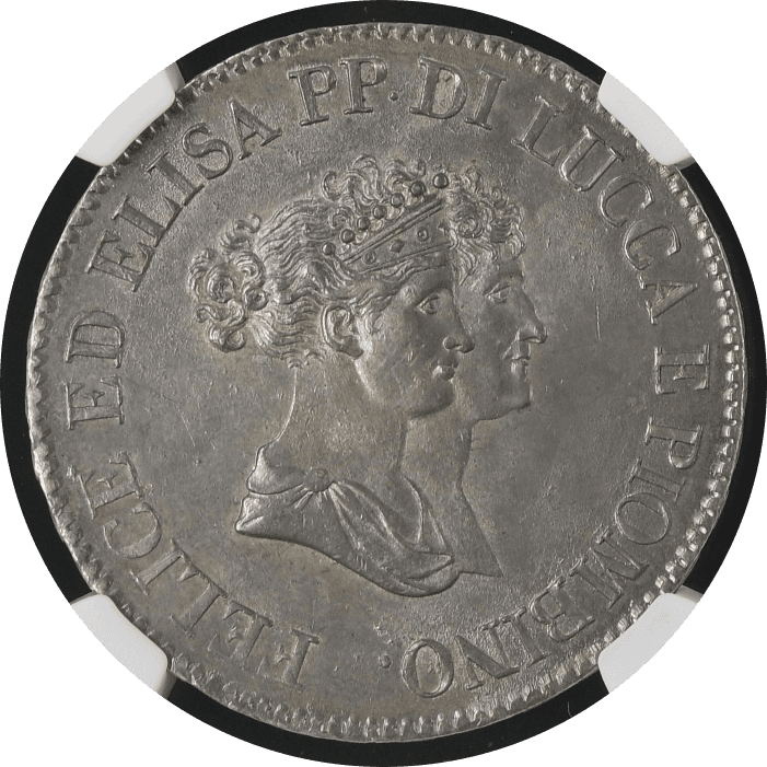 【MS62】1805年 イタリア ルッカ・エ・ピオンビーノ公国 フェリーチェ・バチョッキ&エリザ・ボナパルト 5フランキ銀貨(表)