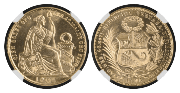 【MS65】1964/3年 ペルー 女神の坐像 50ソル金貨
