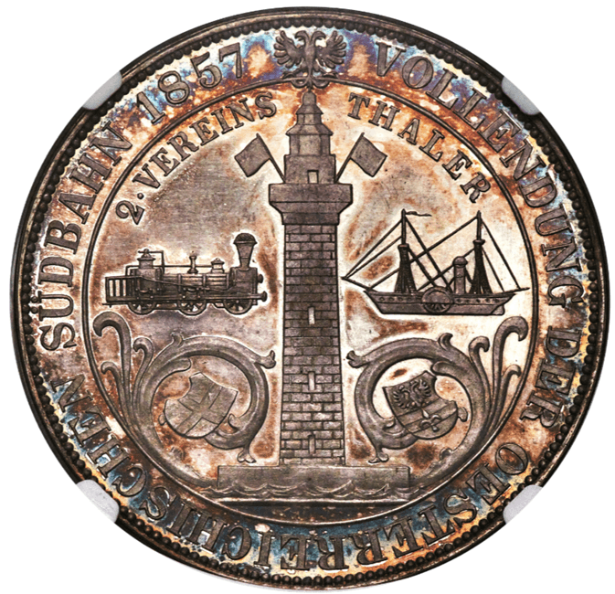【PF 64】1857年 オーストリア ウィーン・トリエステ鉄道開通記念 2ターラー銀貨(裏)